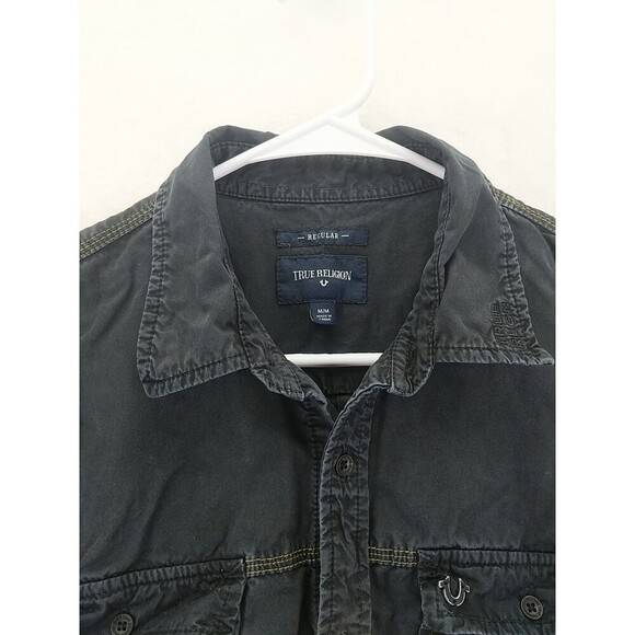 True Religion Regular Fit Mens Medium Black Button-Down Long Sleeve Shirt - Picture 2 of 12